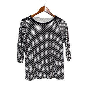 Croft & Barrow Womens Black & White Geometric Print 3/4 Sleeve Top Size M Retro